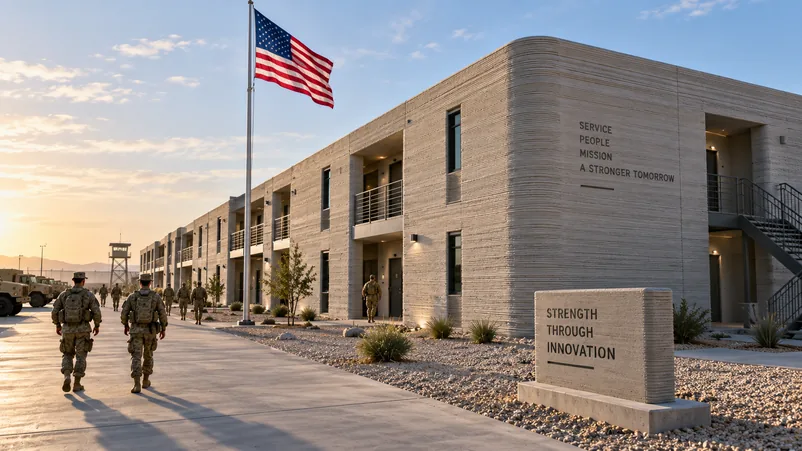 3D-printed military barracks with United States flag